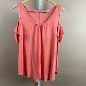 Lucky Brand Size Large Boho Coral Cold Shoulder Top Off The Shoulder Flowy